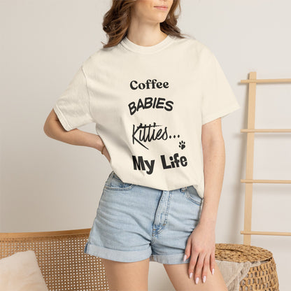 Cat Lover T‑Shirt – "Coffee, Babies, Kitties... My Life" Graphic Tee