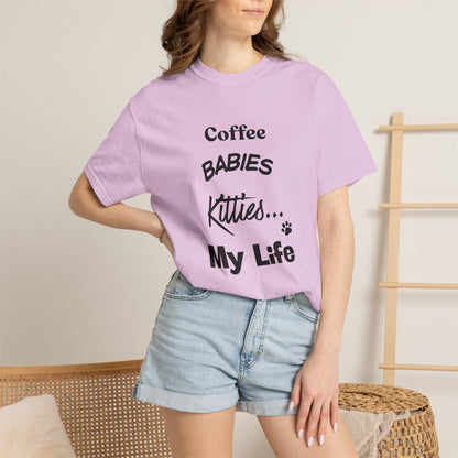 Cat Lover T‑Shirt – "Coffee, Babies, Kitties... My Life" Graphic Tee