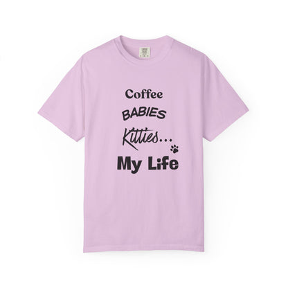 Cat Lover T‑Shirt – "Coffee, Babies, Kitties... My Life" Graphic Tee