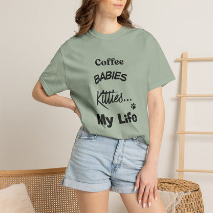 Cat Lover T‑Shirt – "Coffee, Babies, Kitties... My Life" Graphic Tee