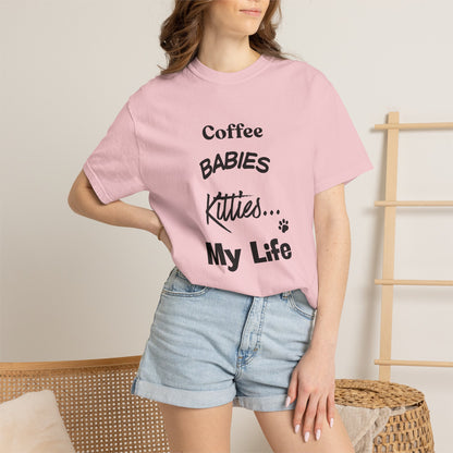 Cat Lover T‑Shirt – "Coffee, Babies, Kitties... My Life" Graphic Tee